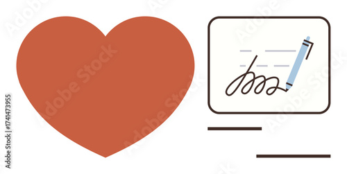 Red heart and signature on paper with pen suggesting care, commitment, or approval. Ideal for themes thumbs up love, agreement, legal consent, communication, partnership, promises and emotional