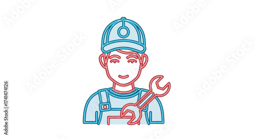 Stylized line art icon of a friendly mechanic or repairman in a cap holding a large wrench.