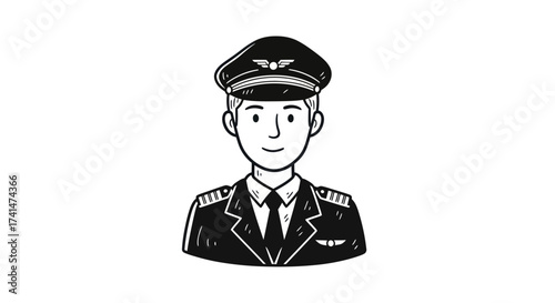 Hand-drawn sketch illustration of a smiling male airline pilot in a captains uniform.