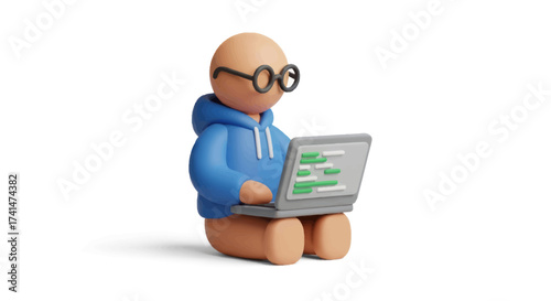 A 3D claymation character in a blue hoodie and glasses coding on a laptop computer.