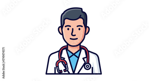 Friendly Cartoon Male Doctor with Stethoscope in White Lab Coat.