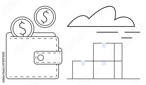 Wallet with two coins, boxes stacked under a cloud. Ideal for e-commerce, savings, logistics, digital payment, cloud technology, financial services modern business. Simple flat metaphor