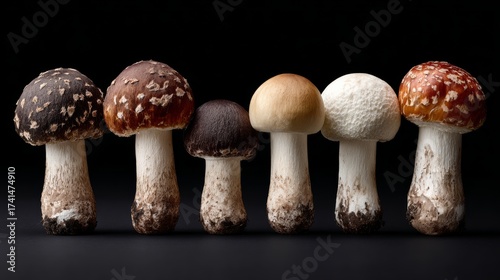 A variety of mushrooms displayed in a row against a black background, showcasing different colors and textures