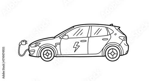 Hand-drawn black and white line art of an electric car plugged in for charging.