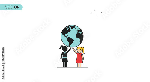 Two Cartoon Children Holding Up the Earth Globe.