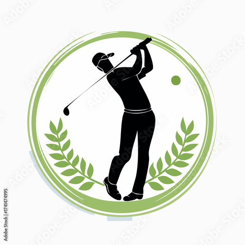 Vector silhouette of a person playing golf, swinging a club inside a green circular laurel wreath emblem