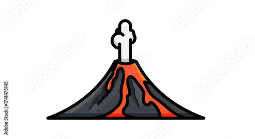 Stylized illustration of an erupting volcano with flowing orange lava and a plume of smoke.