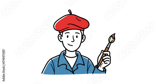 Smiling Cartoon Artist Holding Paintbrush and Wearing Beret.