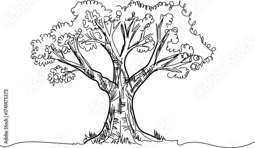 Hand drawn tree illustration sketched black and white vector isolated on white background