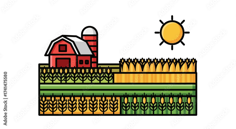 Naklejka premium Colorful Cartoon Illustration of a Farm with Barn and Crops.