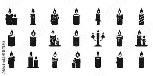 Minimal black silhouette candles with flames. Wax candle icons collection. Clean vector icons showing multiple candle types for professional graphic designers. Vector illustration isolated on white