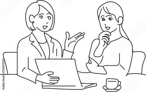 Two women in a meeting discussing business on a laptop simple line art illustration
