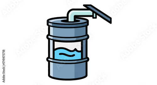 Cartoon illustration of a blue barrel with liquid and a dispensing spout.