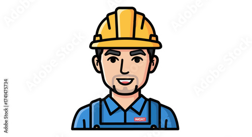 Cartoon avatar of a smiling construction worker wearing a yellow hard hat and blue overalls.