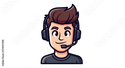 Cartoon illustration of a young man wearing gaming headphones with a microphone.