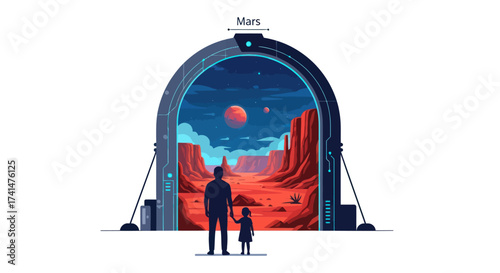 Father and Child Silhouettes Gaze at Red Planet Mars Through Futuristic Portal.