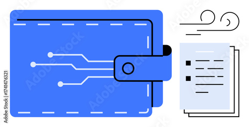 Digital wallet with electronic circuits alongside flying paper documents. Ideal for payment, security, finance, digital storage, online banking, data management, technology. Simple flat metaphor