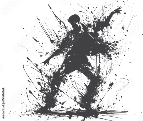  A powerful black ink silhouette captures a dancer mid-movement, with splatters and strokes radiating outward. This abstract, high-contrast design conveys energy, creativity, and dynamic