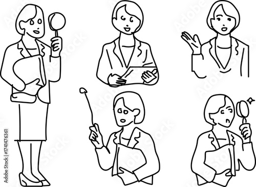 Businesswoman line art illustrations diverse poses and expressions vector design element isolated on