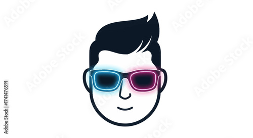 Stylized Head Wearing Red and Blue 3D Glasses.