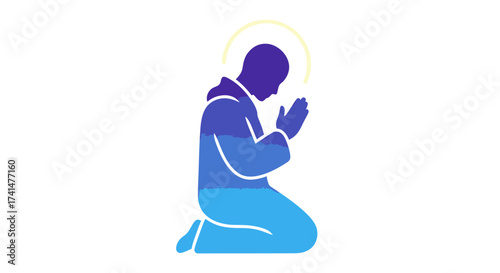 Stylized person kneeling in prayer with a glowing halo.