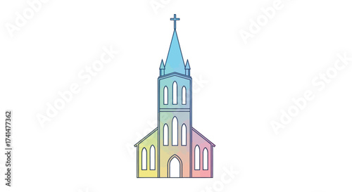 Stylized Rainbow Colored Church Steeple with Cross.