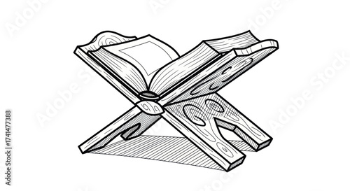 Hand-Drawn Wooden Quran Stand with Open Book.