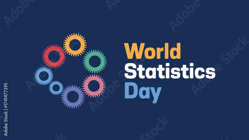 Vector art of world statistics day logo with colorful gears and text on a dark blue background, celebrating data and analysis