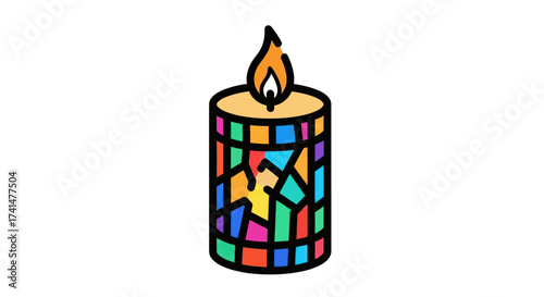 Vibrant Mosaic Patterned Candle with a Glowing Flame.