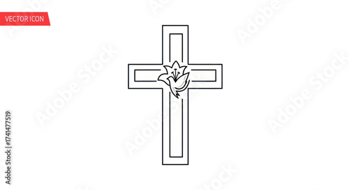 Simple Outline Cross with Dove Symbol Religious Icon.