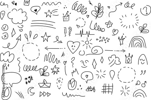 Set of hand-drawn doodle elements vector illustration of sketch symbols and shapes isolated on white