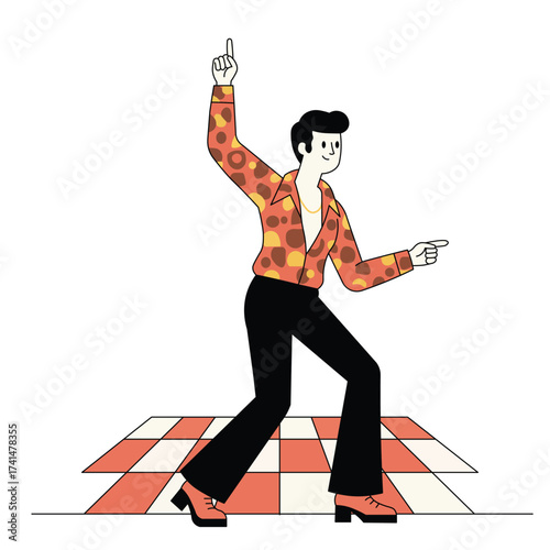 Illustration of a man dancing disco in colorful 70s outfit with polka dot shirt and bell-bottom pants, retro dance character design perfect for vintage and party themes.