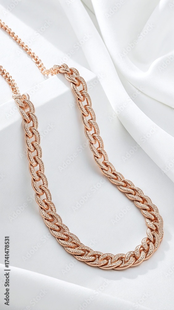 Fototapeta premium Elegant rose gold chain necklace isolated on white background, a stylish accessory for fashion enthusiasts and jewelry collections