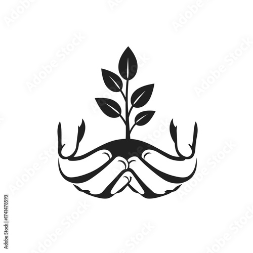 A stylized plant with leaves growing from roots or tentacles, depicted in a minimalist black and white design.