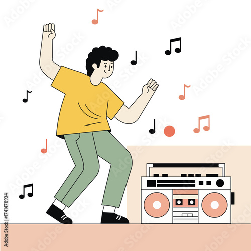 llustration of a boy dancing happily in front of a retro boombox, colorful music scene character design perfect for vintage, fun, youth, and retro music themes.