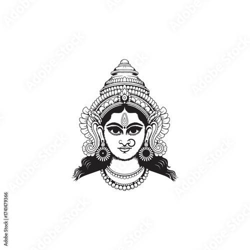 Kali Face Sacred Line Art Black Vector Illustration