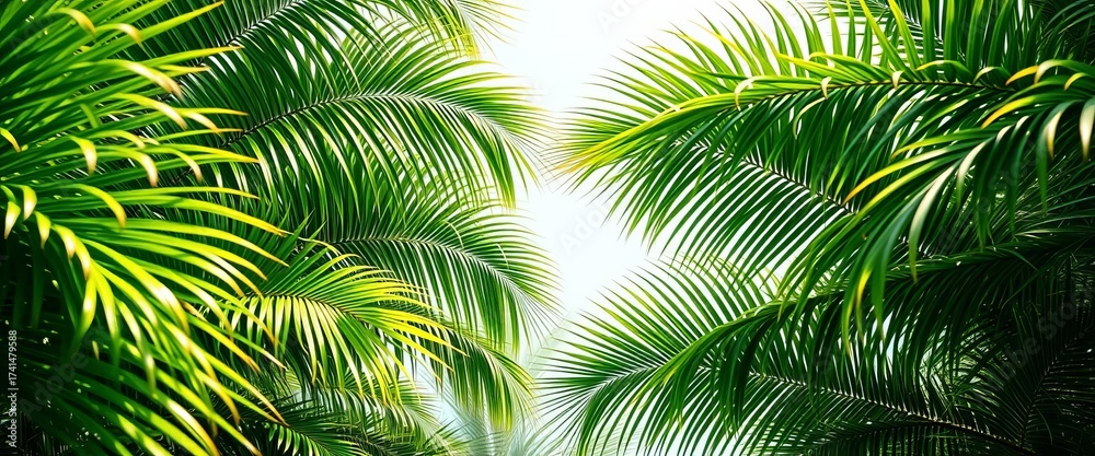 Fototapeta premium Tropical palm tree leaves form a natural frame, vibrant green foliage, fronds, plant