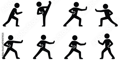 Stickman martial arts poses showing various fighting and self-defense movements representing strength, discipline, and training concepts