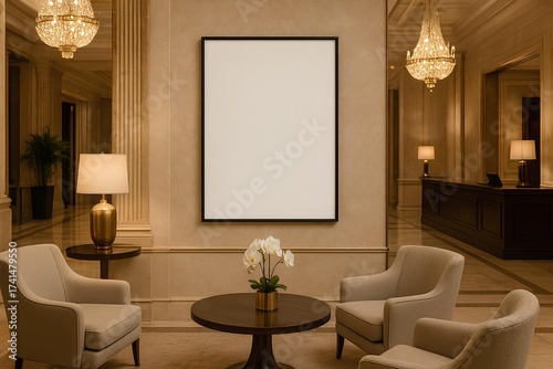 Poster frame mockup in luxury hotel lobby with elegant decor