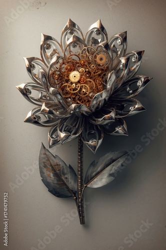 Intricate flower of gears unfolds gracefully blending nature with industrial design