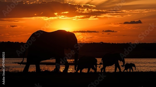 A beautiful elephant silhouette grazing on the grass in a field at sunset