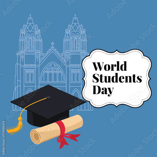 Vector art of world students day celebration with graduation cap and diploma scroll in front of a university building illustration