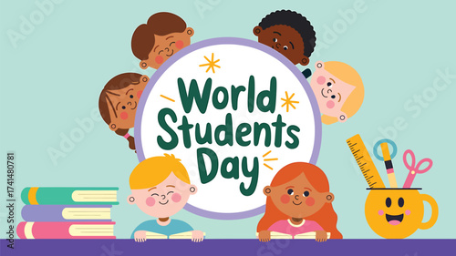Vector art of world students day celebration with diverse children, books, and school supplies on a light blue background, promoting education and global unity