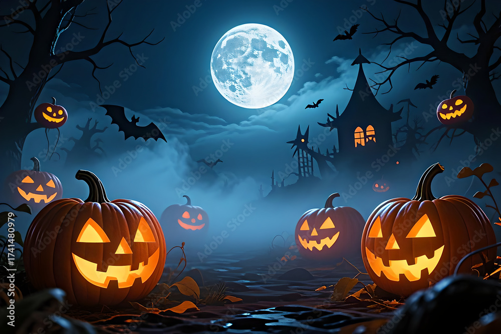 Fototapeta premium Halloween Pumpkins on a Full Moon Night
