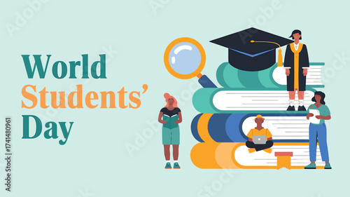 Vector art of world students day celebration with diverse students, books, graduation cap, and magnifying glass symbolizing education and learning