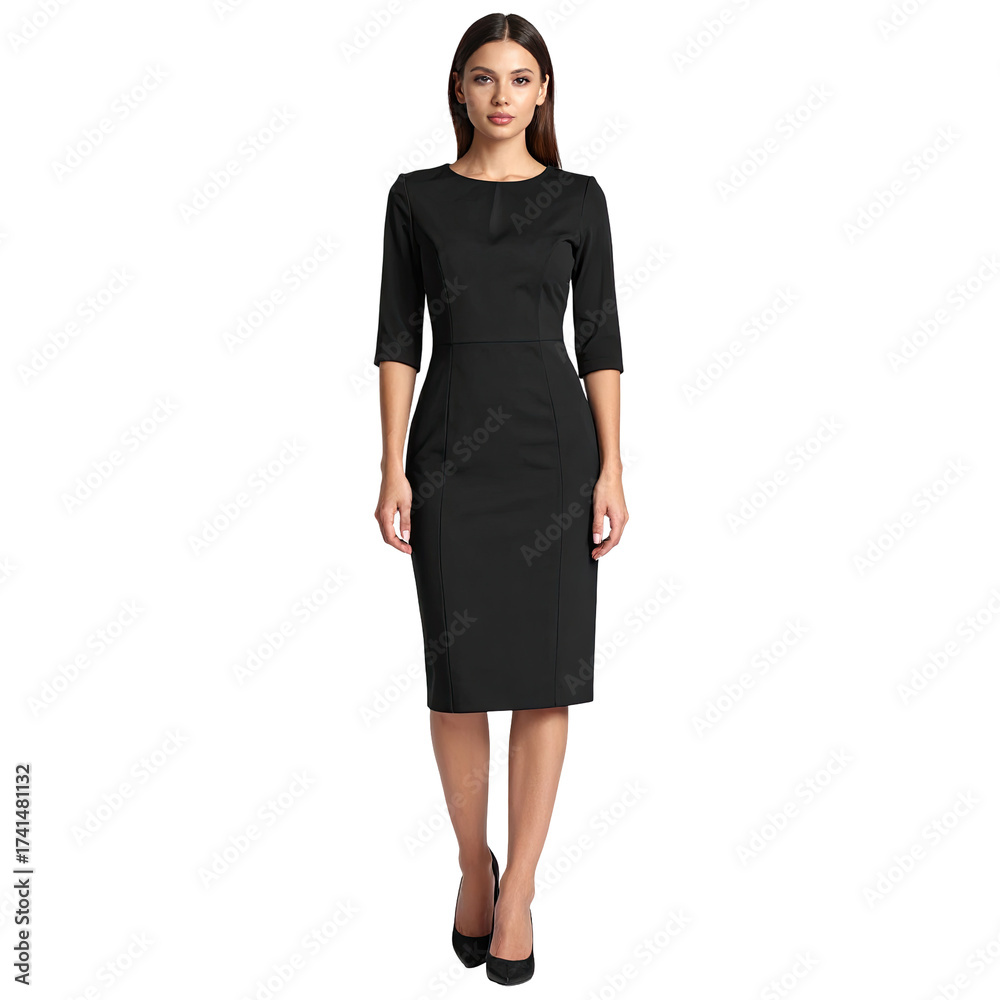 Fototapeta premium Woman in a black midi dress. Three-quarter sleeves, simple neckline. Professional style