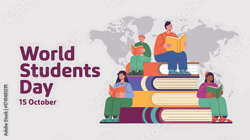 Vector art of world students day on october 15, featuring diverse students reading books stacked high, symbolizing knowledge and global learning