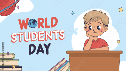 Vector art of world students day concept with a thoughtful boy at a desk, books, and planets in the sky, blue background