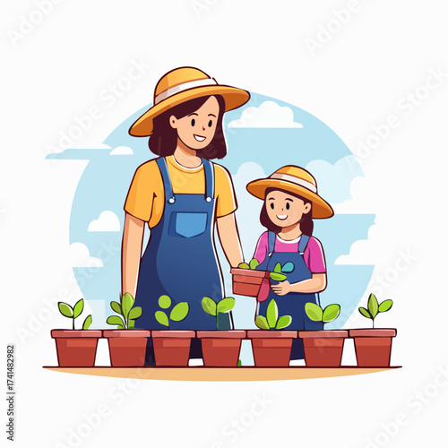 Mother and daughter gardening with potted plants