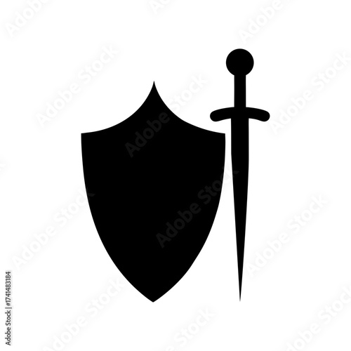 Simple shield and sword silhouette strong defense emblem vector clean minimal protection design with white background